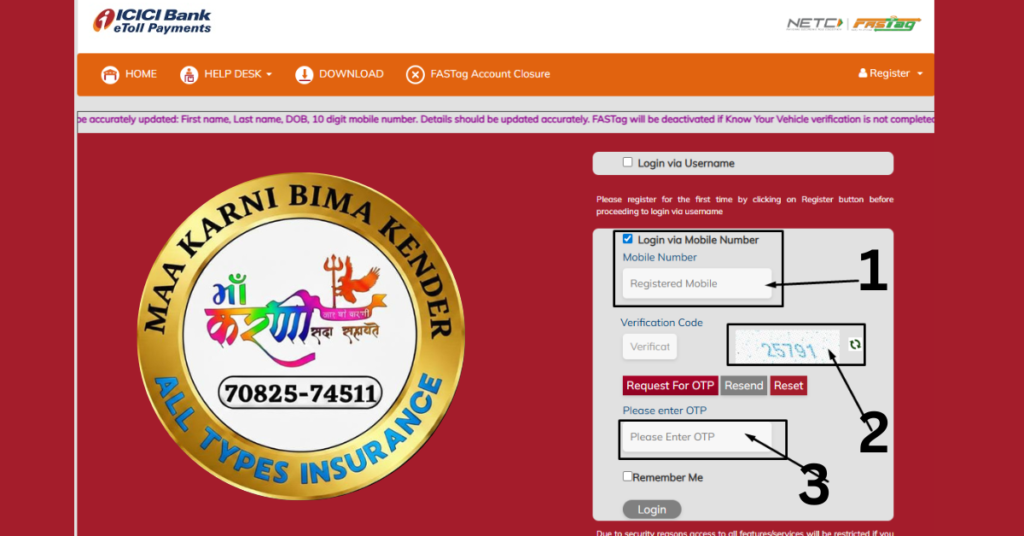 icici fastag customer login